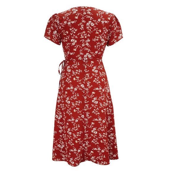 Red Floral Wrap Midi Dress - Picture 8 of 16